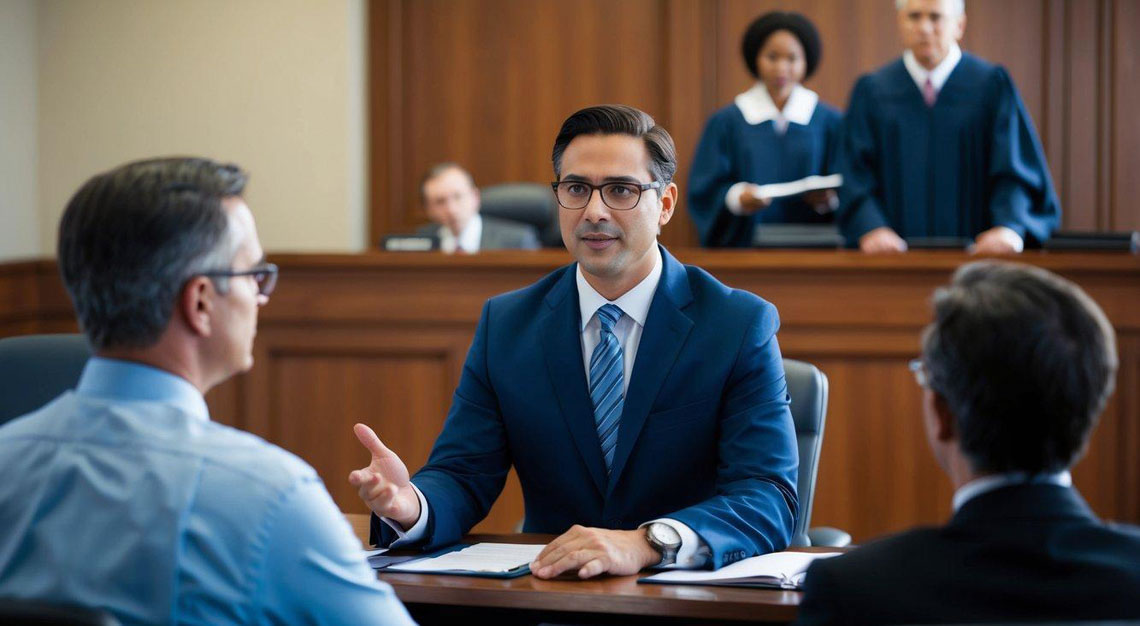 A courtroom scene with a confident lawyer presenting evidence and arguing a case before a judge and jury