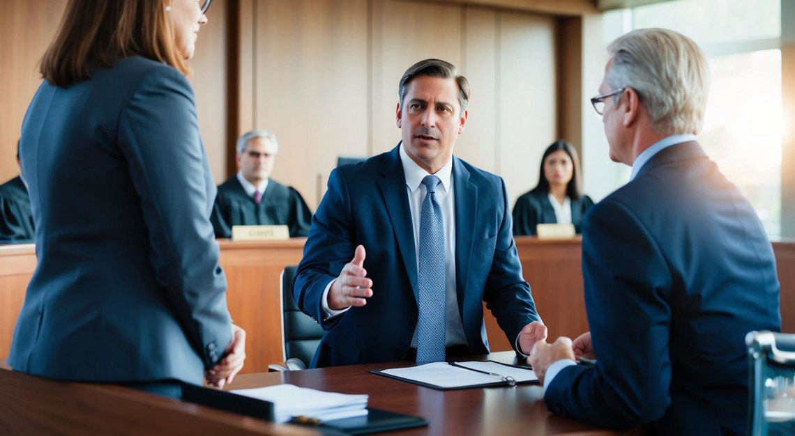 A courtroom with a confident lawyer presenting a DUI defense strategy to a judge and jury in Arizona